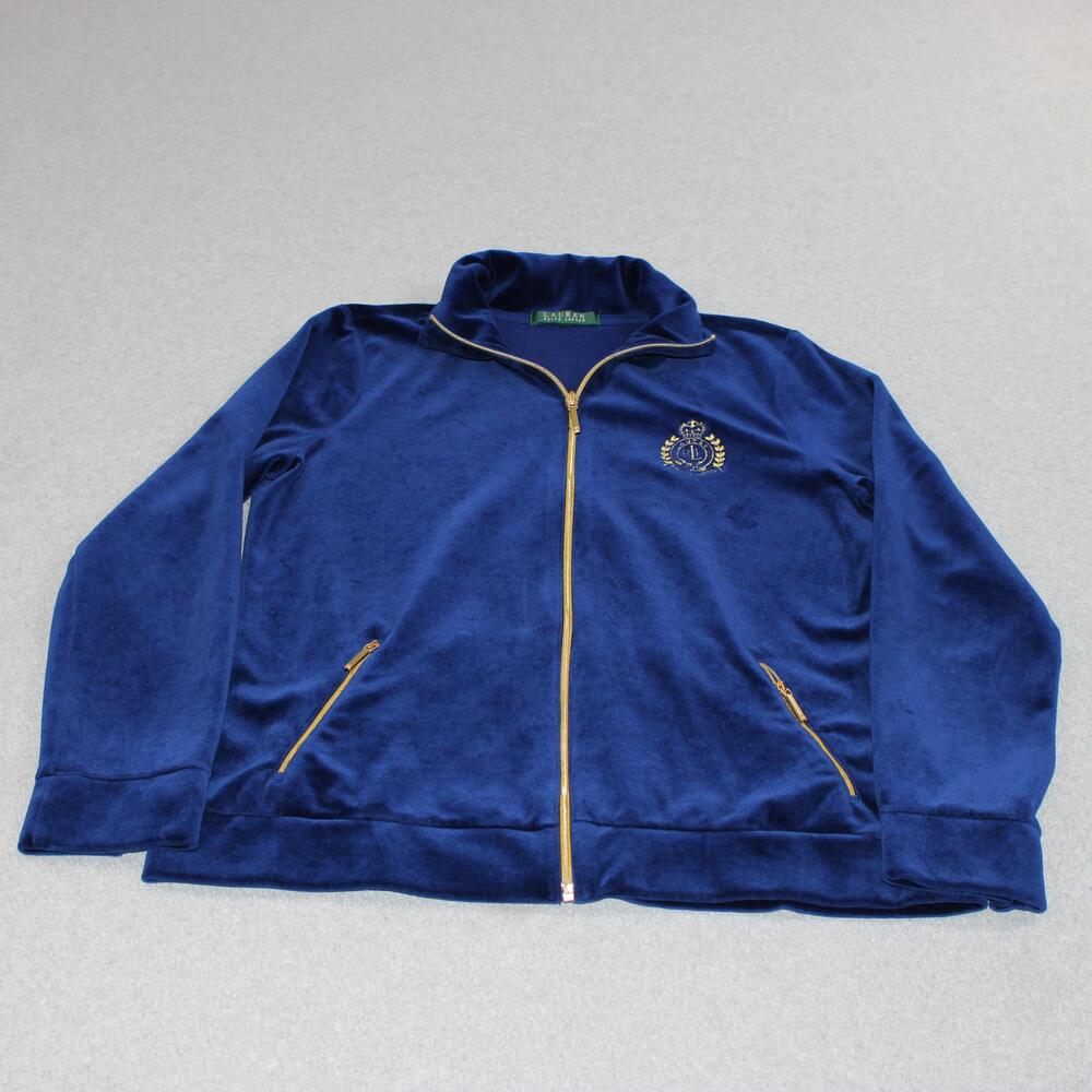 Lauren Ralph Jacket Women Small Blue Velour Full Zip Crest Logo RLL Embroidered